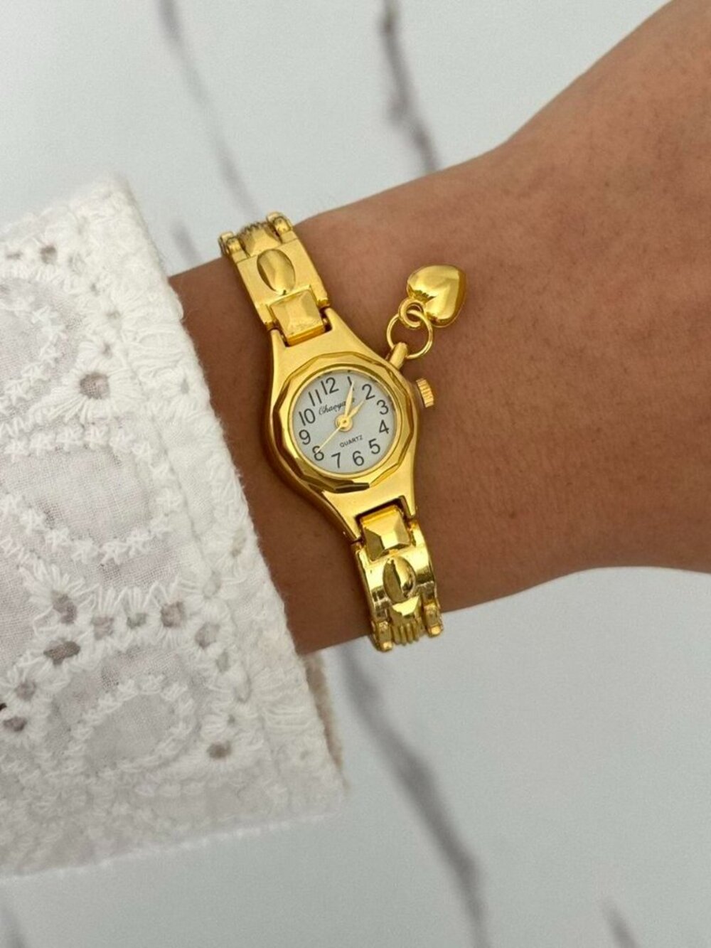 Sku0499 Retro Gold White dial Heart Charm Women Casual Watch Bracelet + gift bag